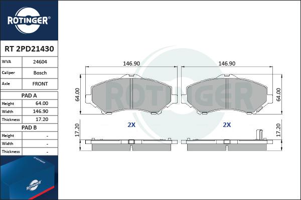 Rotinger RT 2PD21430 - Тормозные колодки, дисковые, комплект unicars.by