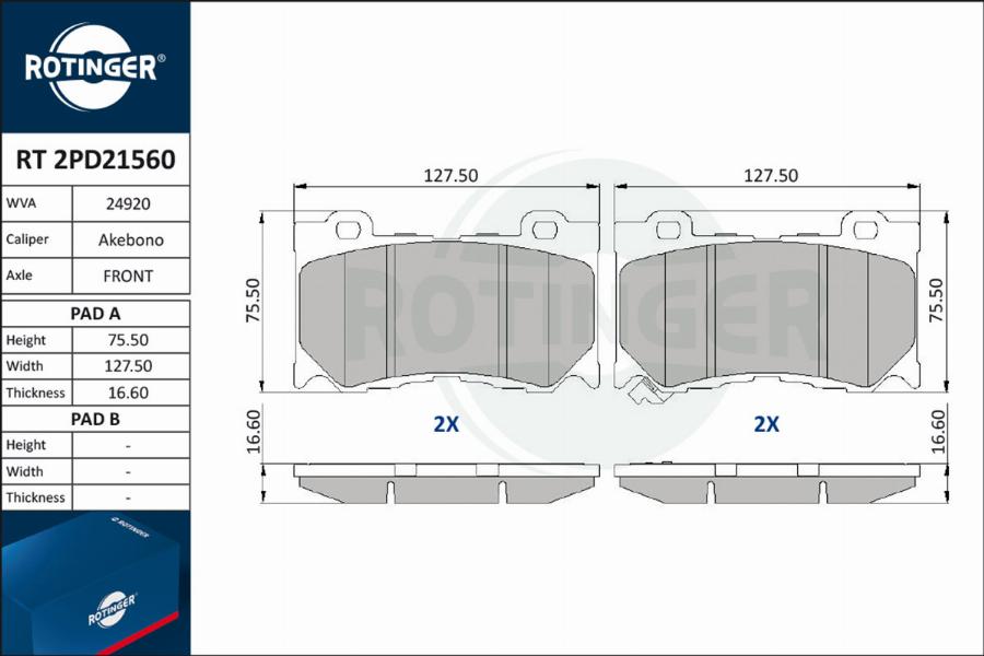 Rotinger RT 2PD21560 - Тормозные колодки, дисковые, комплект unicars.by