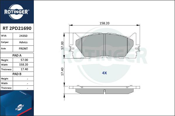 Rotinger RT 2PD21690 - Тормозные колодки, дисковые, комплект unicars.by