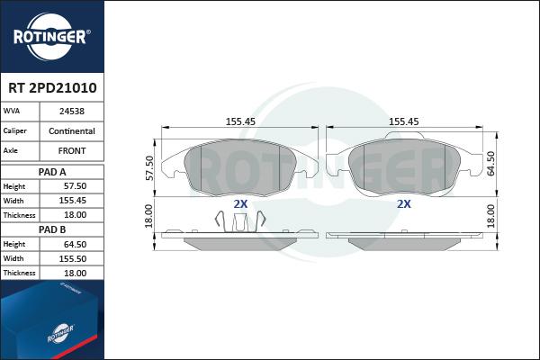 Rotinger RT 2PD21010 - Тормозные колодки, дисковые, комплект unicars.by