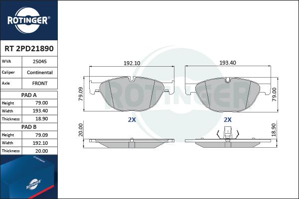 Rotinger RT 2PD21890 - Тормозные колодки, дисковые, комплект unicars.by