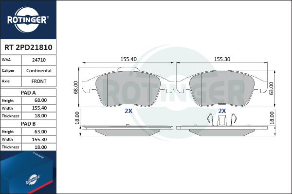 Rotinger RT 2PD21810 - Тормозные колодки, дисковые, комплект unicars.by