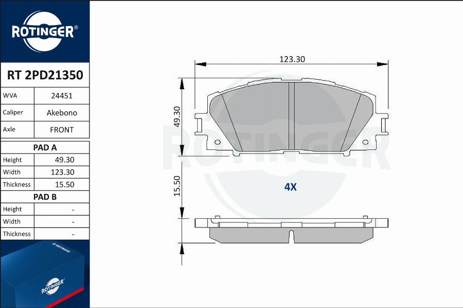 Rotinger RT 2PD21350 - Тормозные колодки, дисковые, комплект unicars.by