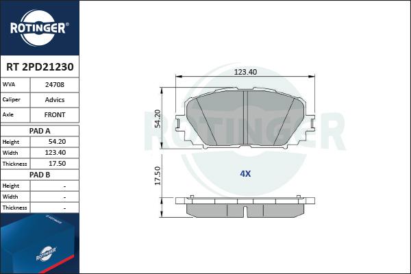 Rotinger RT 2PD21230 - Тормозные колодки, дисковые, комплект unicars.by