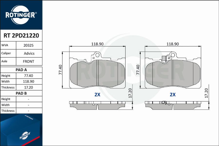 Rotinger RT 2PD21220 - Тормозные колодки, дисковые, комплект unicars.by