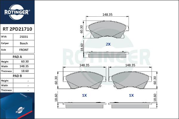 Rotinger RT 2PD21710 - Тормозные колодки, дисковые, комплект unicars.by