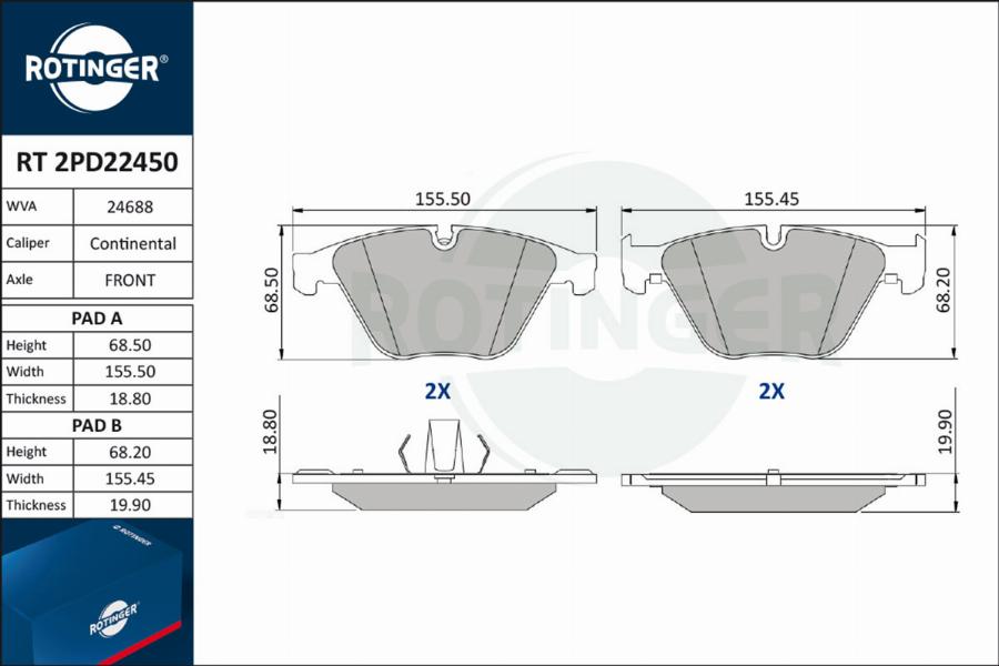 Rotinger RT 2PD22450 - Тормозные колодки, дисковые, комплект unicars.by