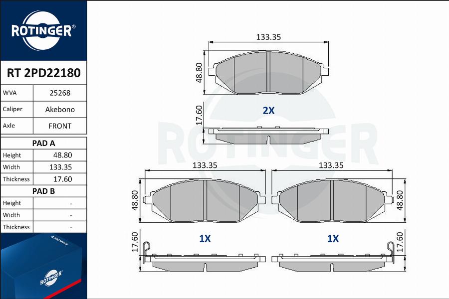 Rotinger RT 2PD22180 - Тормозные колодки, дисковые, комплект unicars.by