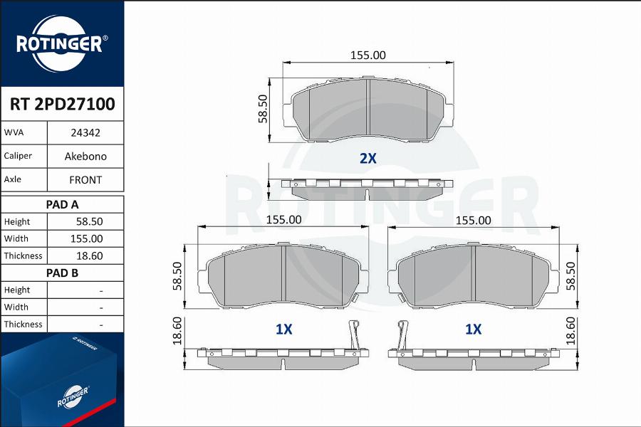 Rotinger RT 2PD27100 - Тормозные колодки, дисковые, комплект unicars.by