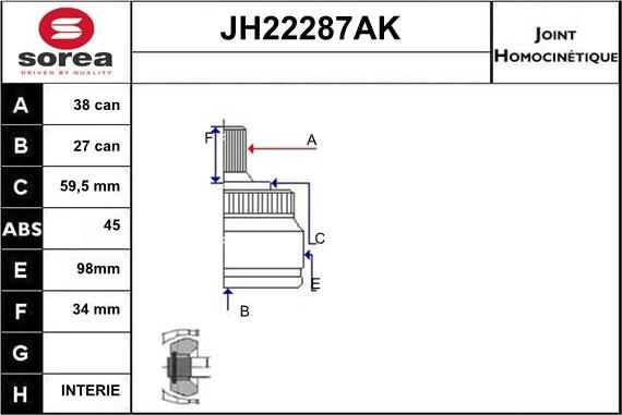 Sera JH22287AK - Шарнирный комплект, ШРУС, приводной вал unicars.by