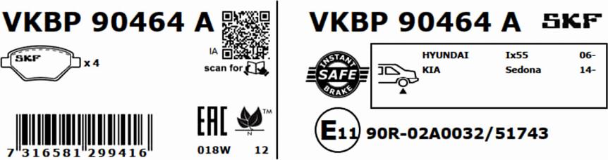 SKF VKBP 90464 A - Тормозные колодки, дисковые, комплект unicars.by