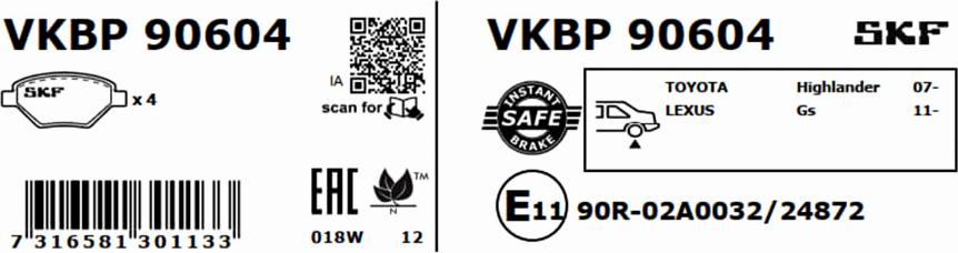 SKF VKBP 90604 - Тормозные колодки, дисковые, комплект unicars.by