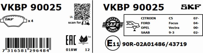 SKF VKBP 90025 - Тормозные колодки, дисковые, комплект unicars.by