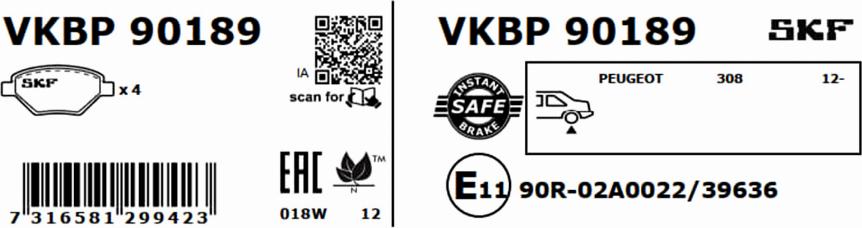 SKF VKBP 90189 - Тормозные колодки, дисковые, комплект unicars.by