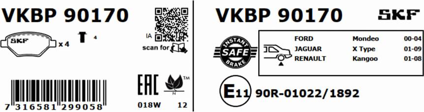 SKF VKBP 90170 - Тормозные колодки, дисковые, комплект unicars.by