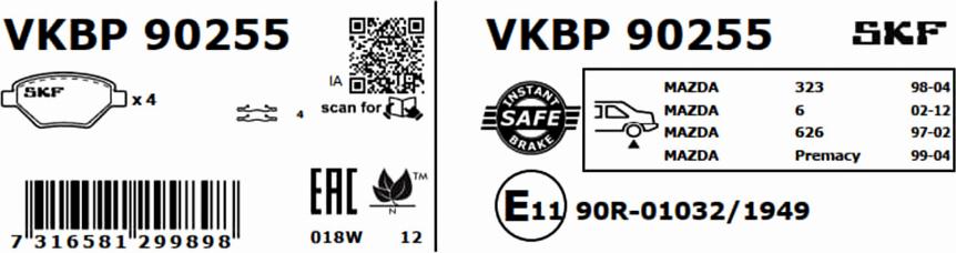 SKF VKBP 90255 - Тормозные колодки, дисковые, комплект unicars.by