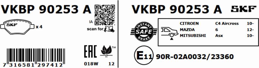 SKF VKBP 90253 A - Тормозные колодки, дисковые, комплект unicars.by