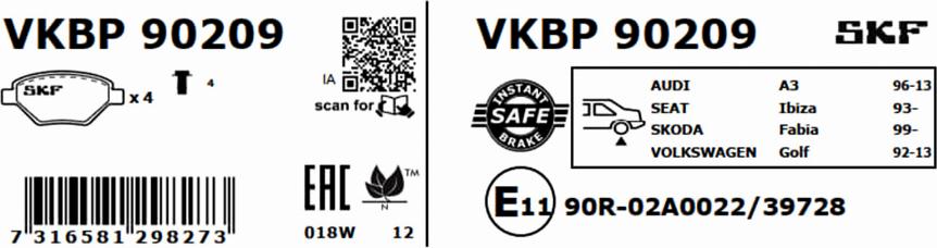 SKF VKBP 90209 - Тормозные колодки, дисковые, комплект unicars.by