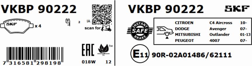 SKF VKBP 90222 - Тормозные колодки, дисковые, комплект unicars.by