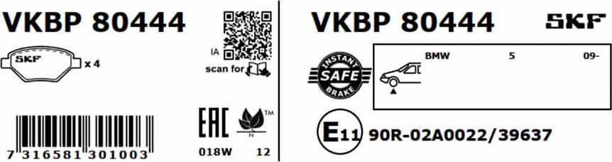 SKF VKBP 80444 - Тормозные колодки, дисковые, комплект unicars.by