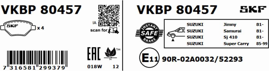 SKF VKBP 80457 - Тормозные колодки, дисковые, комплект unicars.by