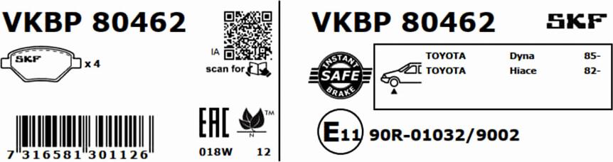 SKF VKBP 80462 - Тормозные колодки, дисковые, комплект unicars.by