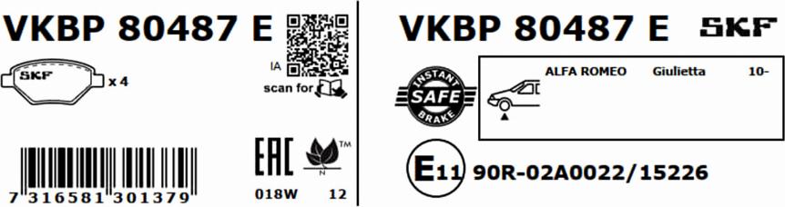 SKF VKBP 80487 E - Тормозные колодки, дисковые, комплект unicars.by