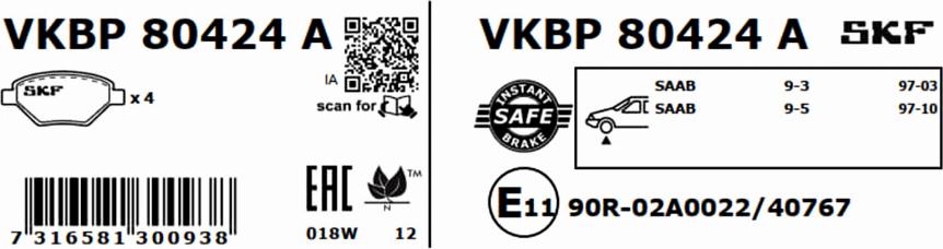 SKF VKBP 80424 A - Тормозные колодки, дисковые, комплект unicars.by