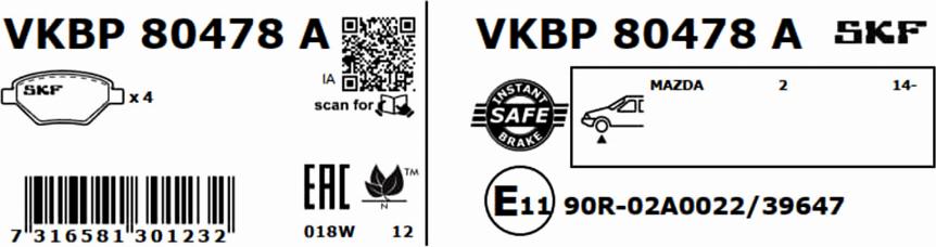 SKF VKBP 80478 A - Тормозные колодки, дисковые, комплект unicars.by