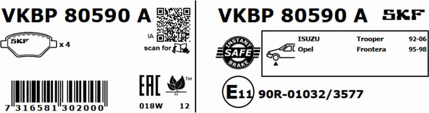 SKF VKBP 80590 A - Тормозные колодки, дисковые, комплект unicars.by