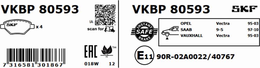 SKF VKBP 80593 - Тормозные колодки, дисковые, комплект unicars.by