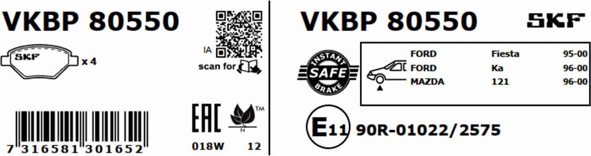 SKF VKBP 80550 - Тормозные колодки, дисковые, комплект unicars.by