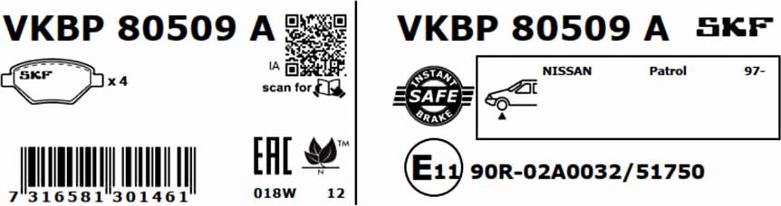 SKF VKBP 80509 A - Тормозные колодки, дисковые, комплект unicars.by