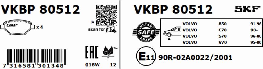 SKF VKBP 80512 - Тормозные колодки, дисковые, комплект unicars.by