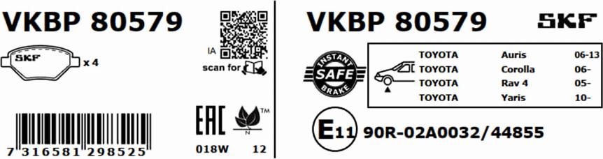 SKF VKBP 80579 - Тормозные колодки, дисковые, комплект unicars.by