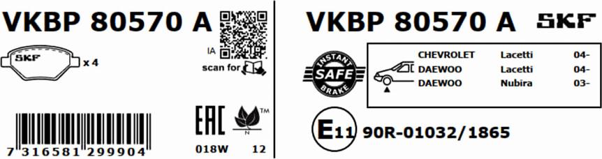 SKF VKBP 80570 A - Тормозные колодки, дисковые, комплект unicars.by