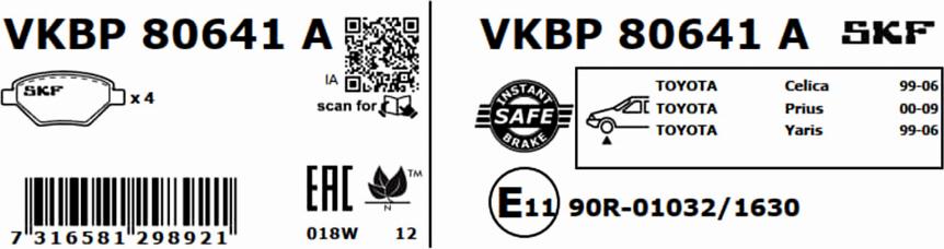 SKF VKBP 80641 A - Тормозные колодки, дисковые, комплект unicars.by