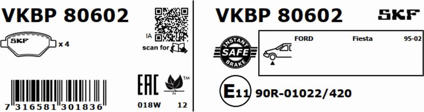 SKF VKBP 80602 - Тормозные колодки, дисковые, комплект unicars.by