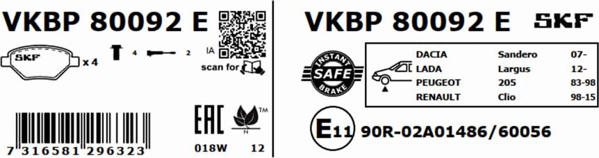 SKF VKBP 80092 E - Тормозные колодки, дисковые, комплект unicars.by