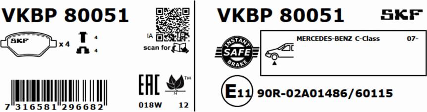 SKF VKBP 80051 - Тормозные колодки, дисковые, комплект unicars.by