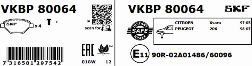 SKF VKBP 80064 - Тормозные колодки, дисковые, комплект unicars.by