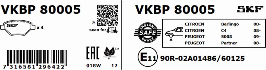 SKF VKBP 80005 - Тормозные колодки, дисковые, комплект unicars.by