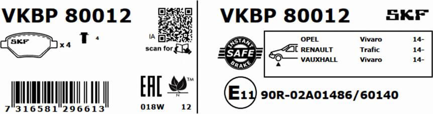 SKF VKBP 80012 - Тормозные колодки, дисковые, комплект unicars.by