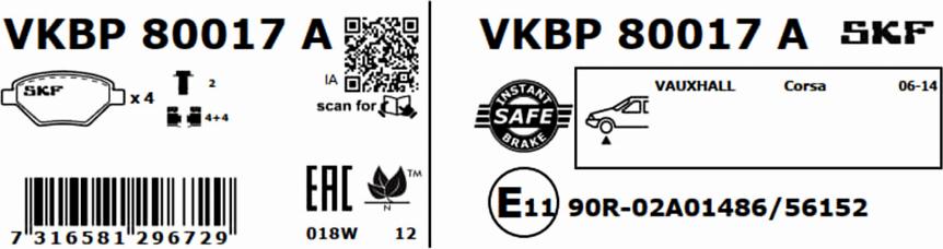 SKF VKBP 80017 A - Тормозные колодки, дисковые, комплект unicars.by