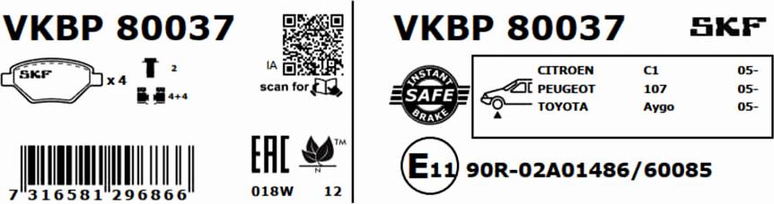 SKF VKBP 80037 - Тормозные колодки, дисковые, комплект unicars.by