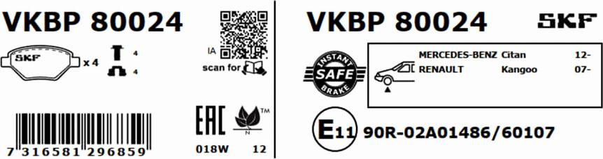 SKF VKBP 80024 - Тормозные колодки, дисковые, комплект unicars.by