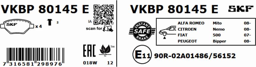 SKF VKBP 80145 E - Тормозные колодки, дисковые, комплект unicars.by