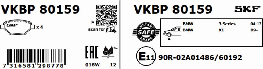 SKF VKBP 80159 - Тормозные колодки, дисковые, комплект unicars.by