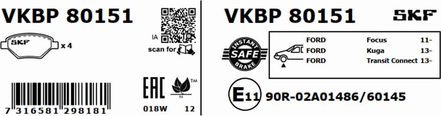 SKF VKBP 80151 - Тормозные колодки, дисковые, комплект unicars.by