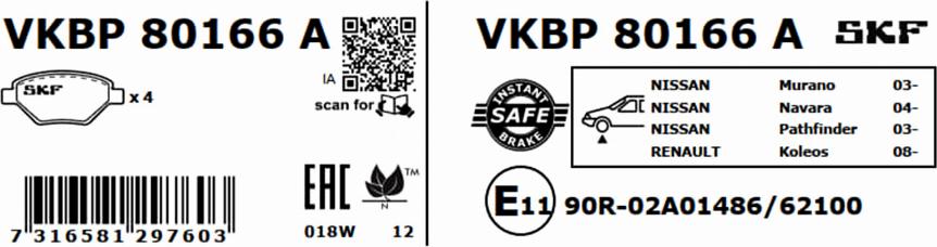 SKF VKBP 80166 A - Тормозные колодки, дисковые, комплект unicars.by